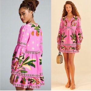 FARM RIO Pink Tropical Leopard Pineapple Toucan Linen Balloon Sleeve Mini Dress